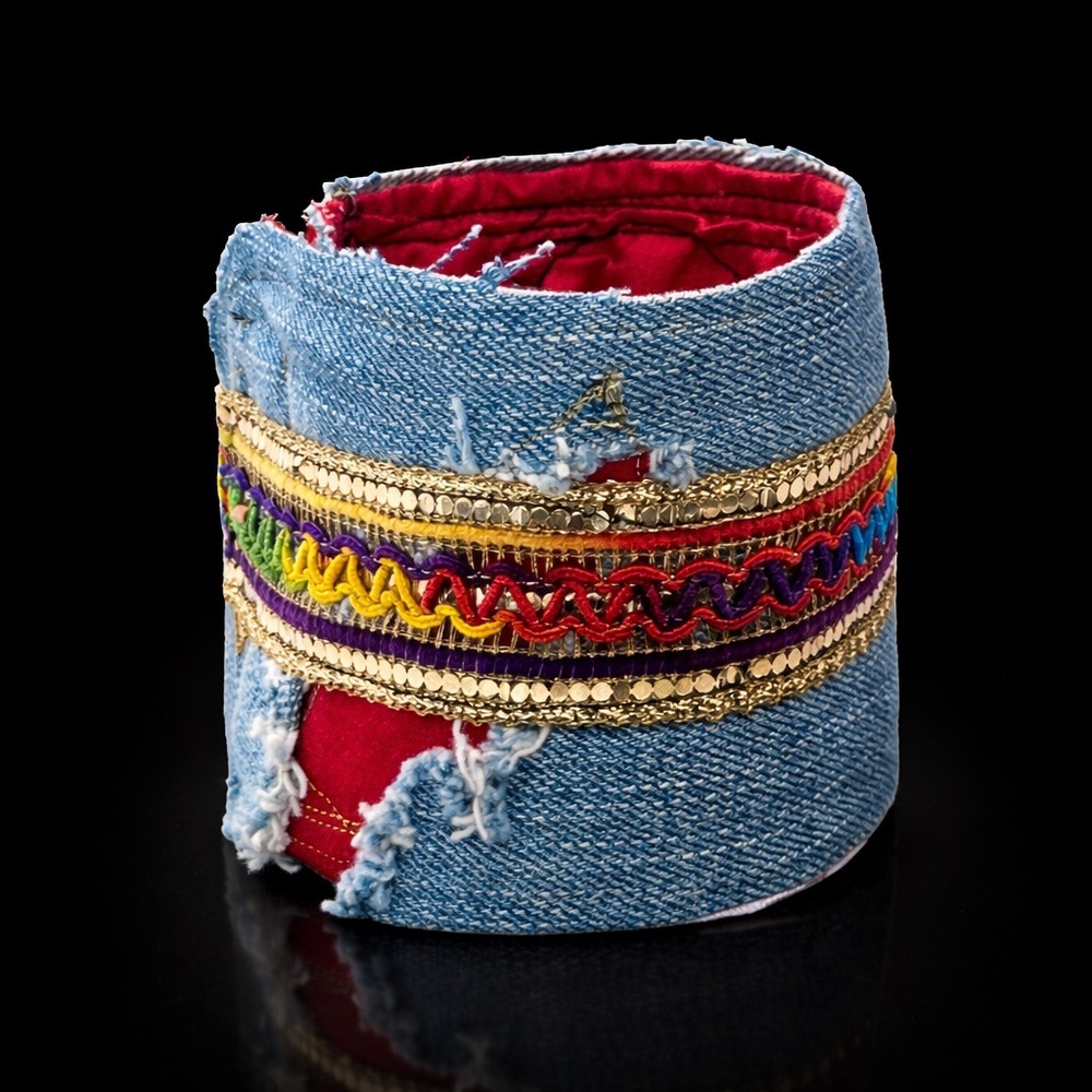 RUBYRUDI Cuff Bracelet Handcrafted OOAK Fabric Embellished Artisan Wearable Art